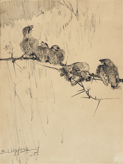 Fågelungar på en gren by Bruno Liljefors, 1887