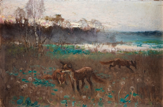 A dusk landscape with a family of foxes by Bruno Liljefors, 1881
