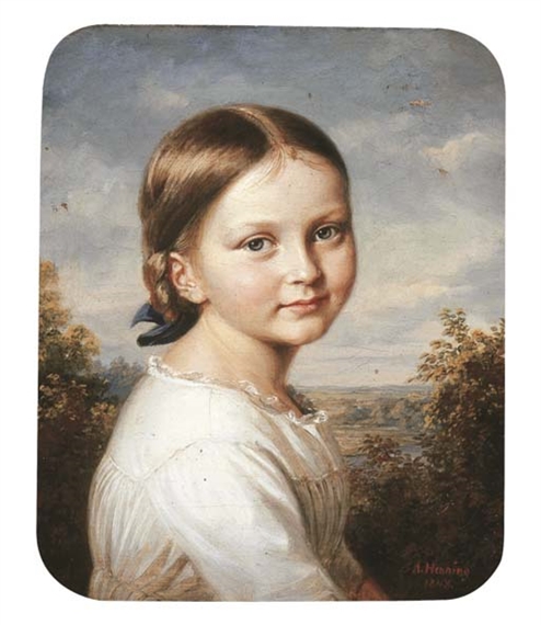 Portrait of a young girl in a white dress by Adolf Henning, 1848
