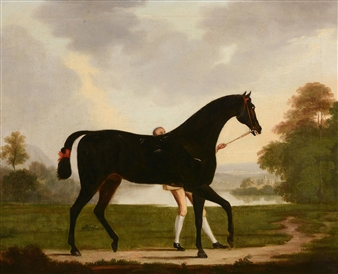 A dark bay thoroughbred held by a groom in an extensive landscape, estate beyond - Francis Stringer