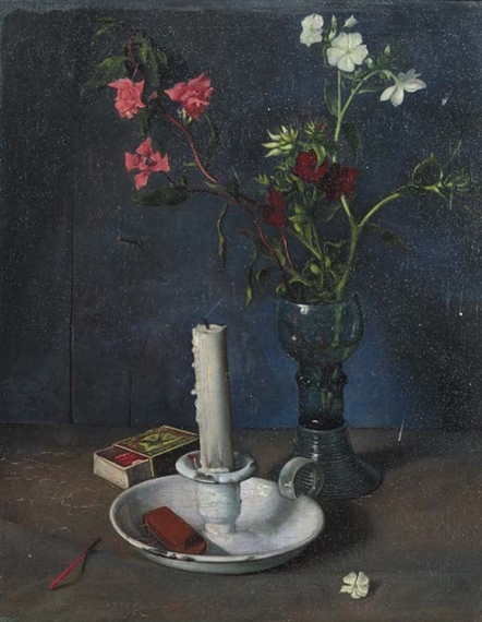A still life with a candle and a matchbox and flowers in a roemer by Karel van Veen
