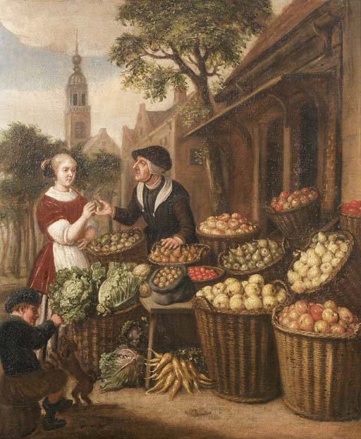 An elegant woman by a fruit and vegetable stall in a town square by Jan Victors