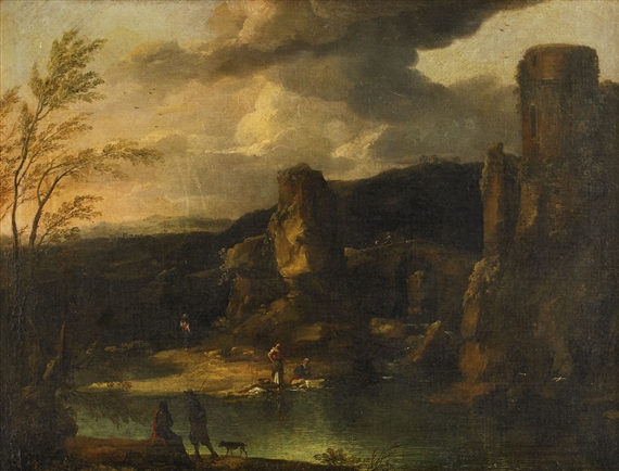 Mountain landscape with figures by a lake by Crescenzio d'Onofrio