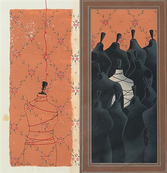 A split-panel artwork contrasting a solitary, patterned mannequin with a dense cluster of shadowy figures.