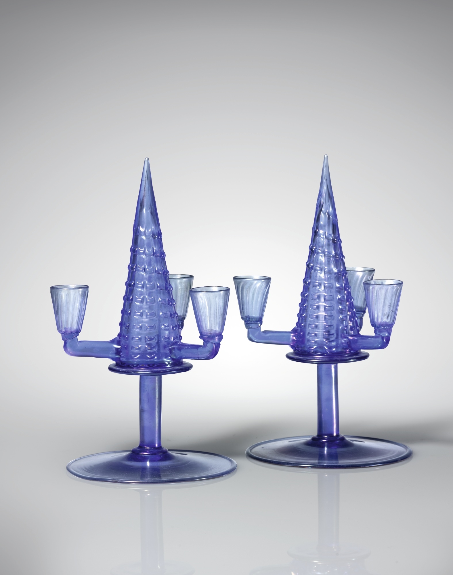 Artwork by Fratelli Barovier, PAIR OF CANDELABRA, Made of blown and applied glass with iridized surface