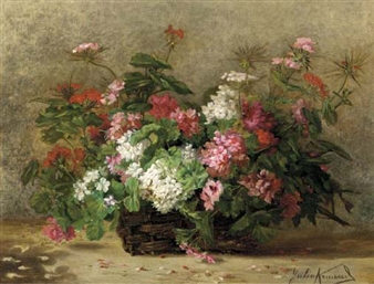 Geraniums and Pelagonium in a basket - Julia Arnaud