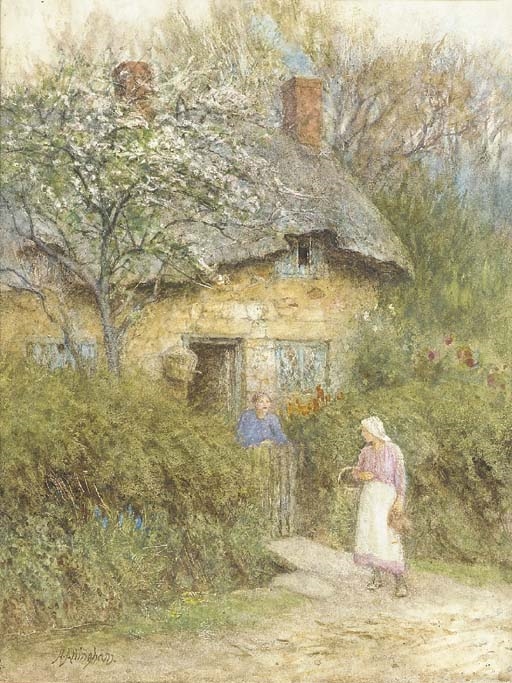 Artwork by Helen Allingham, Women at a cottage gate, Moon's Hill, Bedbury Lane, near Freshwater, Isle of Wight, Made of pencil and watercolour with scratching out