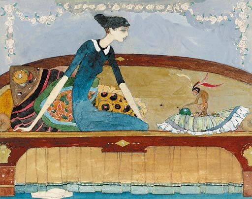 A seated girl with a monkey by Kay Nielsen