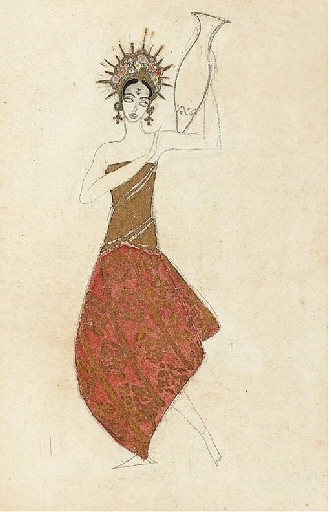 A stylized figure in a red skirt and brown top, holding a horn-like object against a plain background.