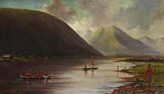 A serene landscape painting featuring a calm river, distant mountains, and figures in canoes.
