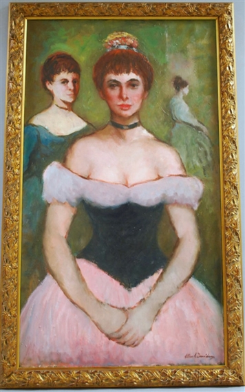 A portrait of a ballerina in a pink tutu and black corset, framed by a golden border.