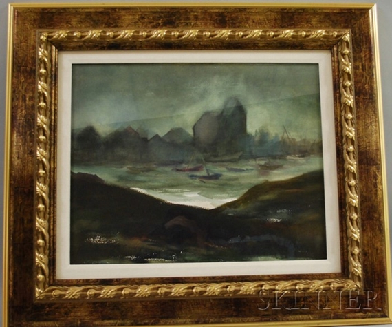 A moody seascape painting in a gilded frame depicting a dark coastal scene with boats.