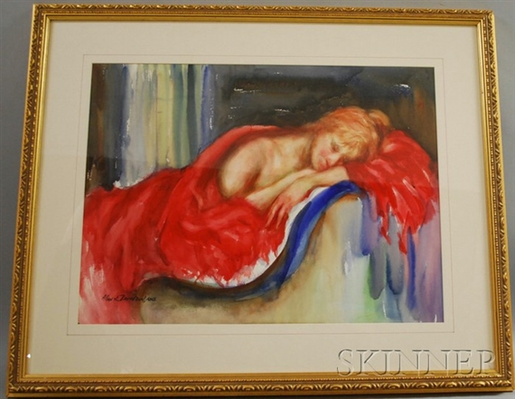 A watercolor painting of a figure sleeping under a red blanket, framed in gold.