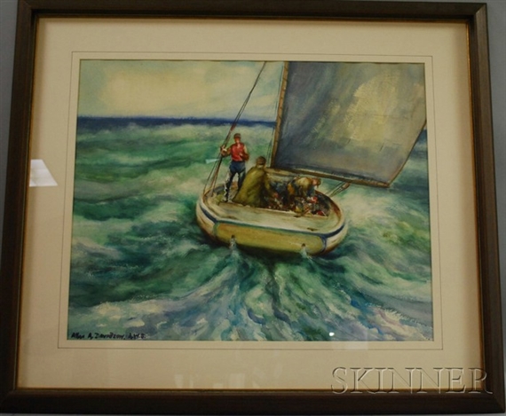 A framed watercolor painting of a small sailboat navigating choppy seas with three figures aboard.