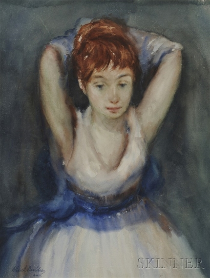 A pastel portrait of a figure with reddish hair in a blue and white dress, arms raised behind the head.