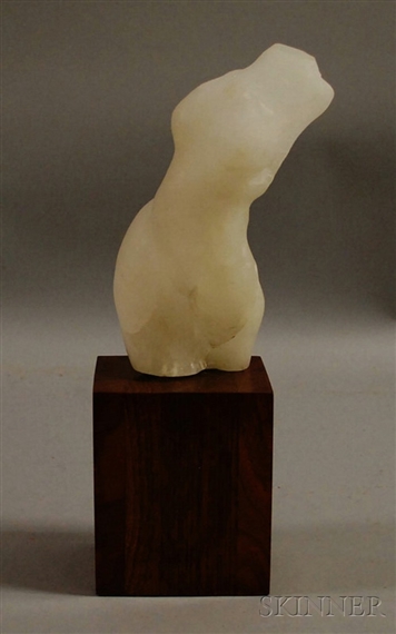 A smooth, pale sculpture of a seated figure resting on a dark wooden pedestal.
