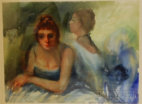 A watercolor painting of two figures in a softly lit, intimate setting.