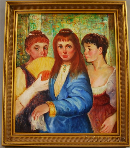 A vibrant oil painting of three women in a portrait-style composition.