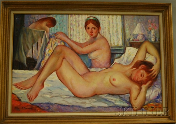 A vibrant oil painting of three nude figures in a bedroom setting.