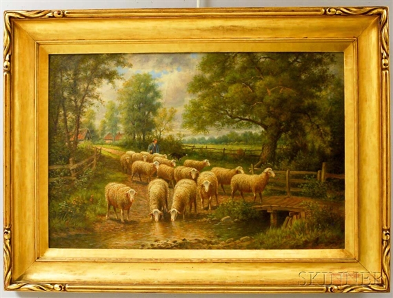 Herman Rohde | Shepherd and Flock Crossing a Stream | MutualArt