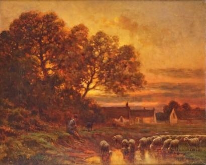 Artwork by Paul Chaigneau, SOLEIL COUCHANT, BERGER ET SON TROUPEAU À LA MARE, Made of oil on canvas