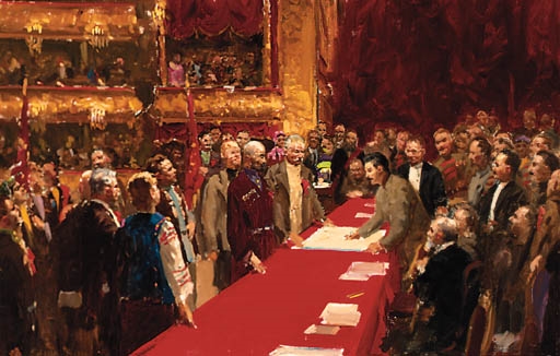 Artwork by Stepan Dudnik, Congress of Delegates in Bolshoi Theatre, Made of oil on canvas