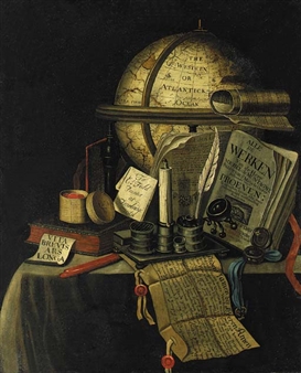 A Vanitas still life with a globe showing the Americas, an ink well, an hourglass, books and a letter on a draped table - Charles Field