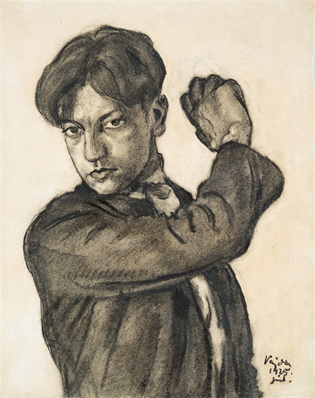 Self-portrait with raised hands by Lajos Vajda, 1925