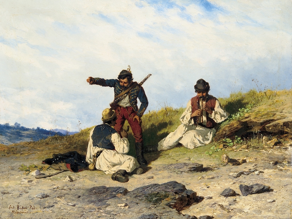 Artwork by Pal Böhm, Resting young men, Made of Oil on wood