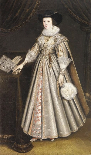Artwork by John Souch, Portrait of Lady Lawley, wife of Sir Thomas Lawley, in a richly embroidered white dress and black hat, with a timepiece hanging from her waist, holding a fan in her left hand, her right hand on a book, Made of oil on canvas
