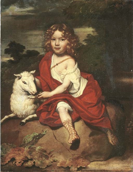 Portrait of a young boy, seated full-length, with a sheep, on a rock, a wooded landscape beyond by Jan de Baen