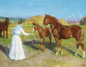 Lady in White Dress with Horses