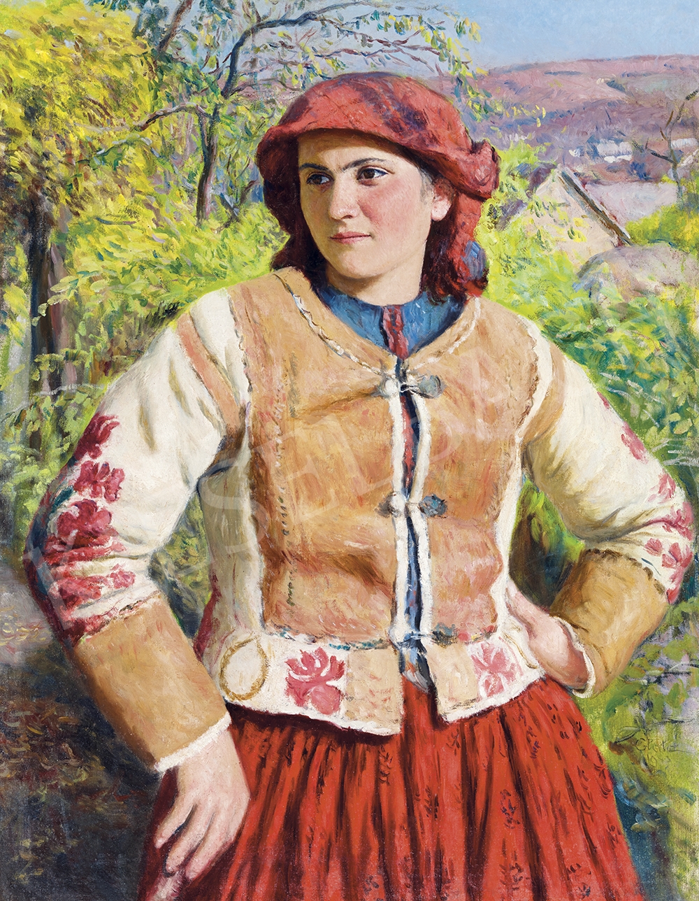 Artwork by Oszkar Glatz, Young Girl in Spring Landscape, Made of oil on canvas