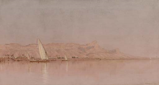 Artwork by Sanford Robinson Gifford, On the Nile, Gebel Shekh Hereedee, Made of oil and pencil on canvas