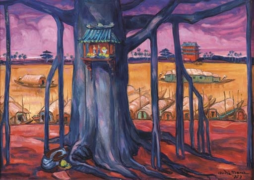 Artwork by André Maire, L'autel dans l'arbre près du fleuve (The altar on the tree near the river), Made of oil on panel