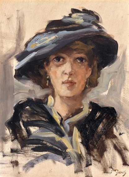 A loose, expressive portrait of a figure in a wide-brimmed hat against a neutral background.