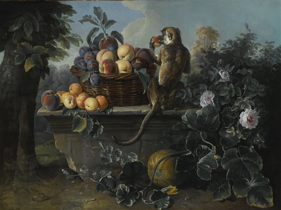 STILL LIFE WITH A MONKEY AND A BASKET OF FRUIT RESTING ON A LEDGE WITH A LANDSCAPE BEYOND by Alexandre-François Desportes, 1725