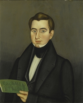 PORTRAIT OF A YOUNG MAN HOLDING A GREEN PAMPHLET "MISSIONARY HERALD" (POSSIBLY MARCUS WHITMAN OF CUBA, NEW YORK) - Milton W. Hopkins