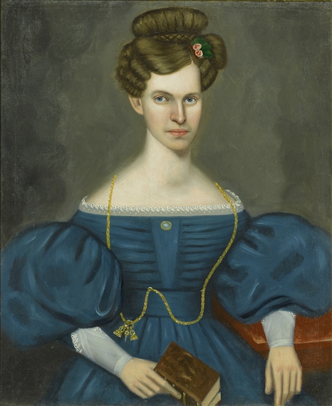 PORTRAIT OF A YOUNG WOMAN IN A BLUE DRESS AND WEARING A GOLD POCKET WATCH CHAIN by Erastus Salisbury Field, circa 1835