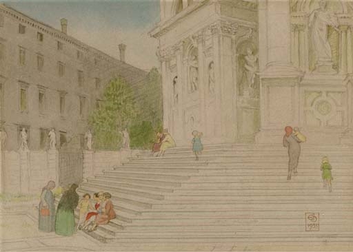 On the Steps in Venice by Joseph Edward Southall, 1935