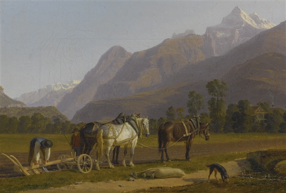 LANDSCAPE WITH PLOUGHMEN AND HORSES IN THE CANTON OF VALAIS