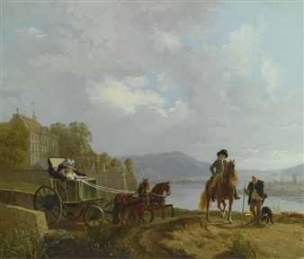 VIEW FROM A HILLTOP ACROSS A LAKE, WITH FIGURES IN AN ELEGANT HORSE-DRAWN CARRIAGE ALONG A ROAD, A GRAND BUILDING TO THE LEFT AND A SMALL TOWN IN THE MOUNTAINS BEYOND - Brun de Versoix