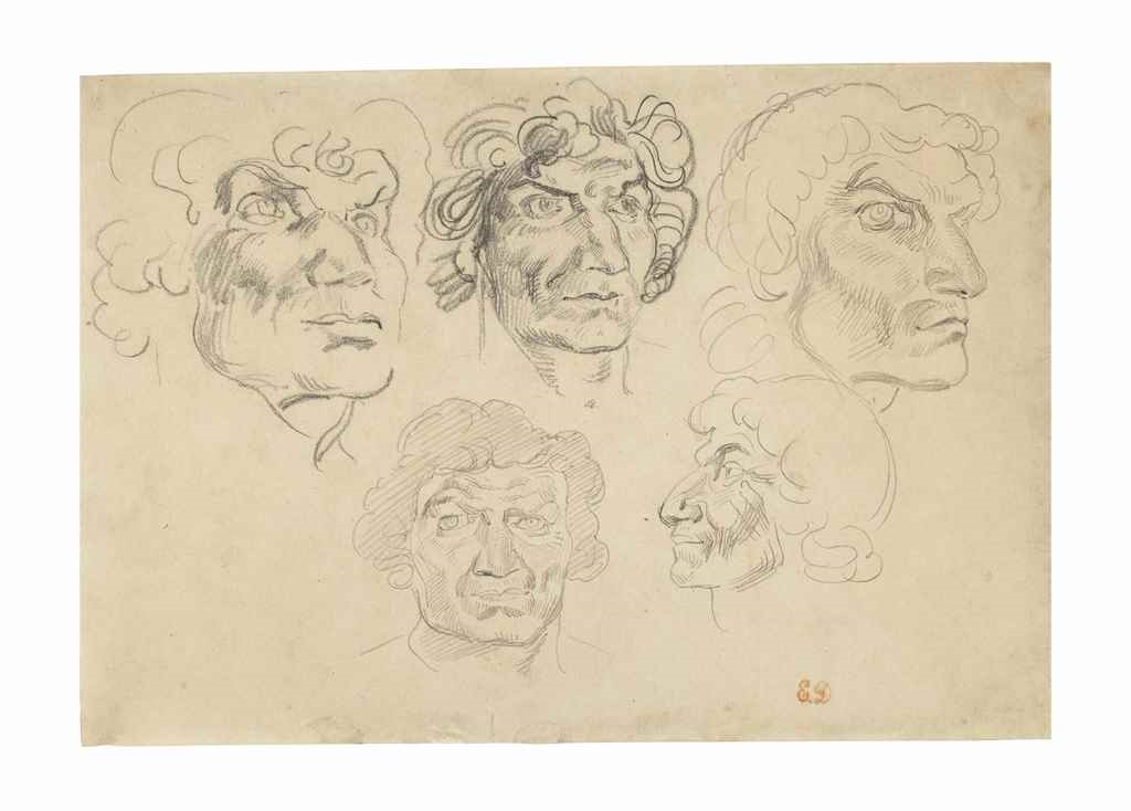 Artwork by Eugène Delacroix, Study of five heads, Made of pencil