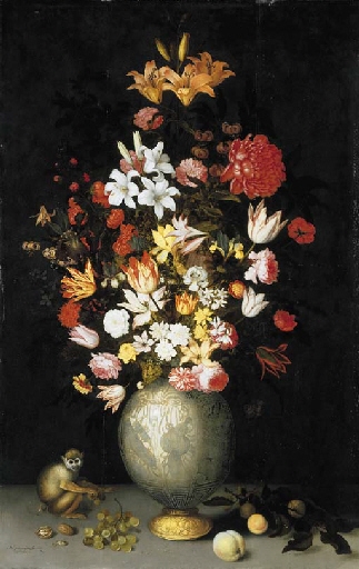 Lilies, roses, irises, tulips, narcissi, carnations and other flowers in a Chinese celadon ormulu-mounted vase, with a squirrel monkey, apricots, grapes, walnuts and a plum on stone ledge by Balthasar van der Ast, 1620