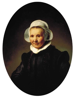Portrait of a lady, aged 62, perhaps Aeltje Pietersdr. Uylenburgh, wife of Johannes Cornelisz. Sylvius, half-length, in black costume and a cap and collar - Rembrandt van Rijn