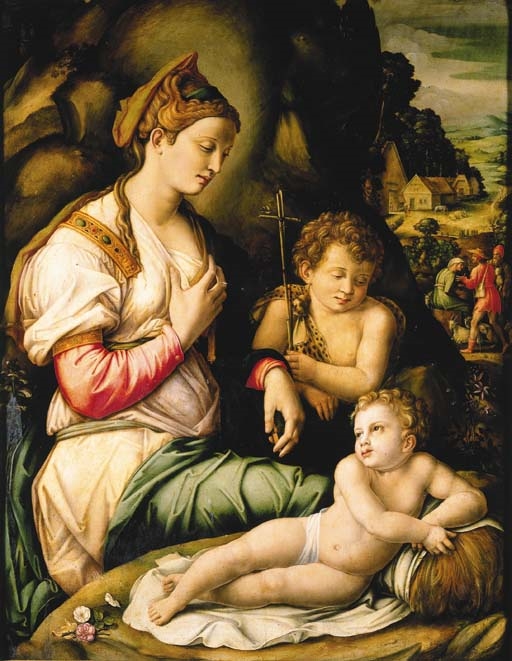 Artwork by Francesco Bacchiacca, The Madonna and Child with Saint John the Baptist seated among rocks, a village beyond with shepherds, Made of oil on panel