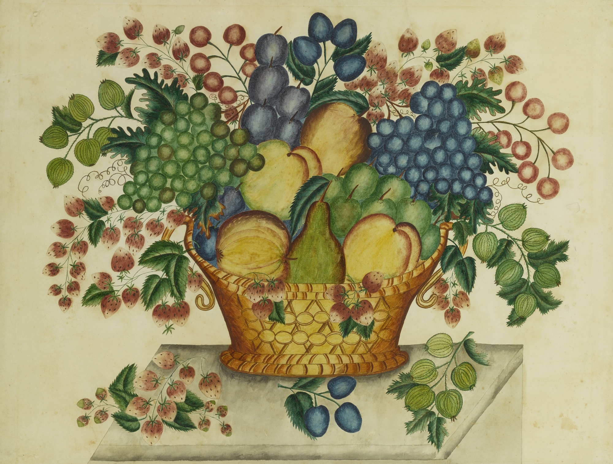 Artwork by American School, 19th Century, GREEN AND RED GRAPES WITH PEACH, PEAR AND STRAWBERRIES: THEOREM PAINTING STILL LIFE, Made of watercolor on paper