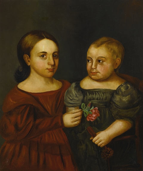 AMERICAN PORTRAIT OF A GIRL IN A RED DRESS HOLDING A ROSE AND A BOY IN A GRAY DRESS