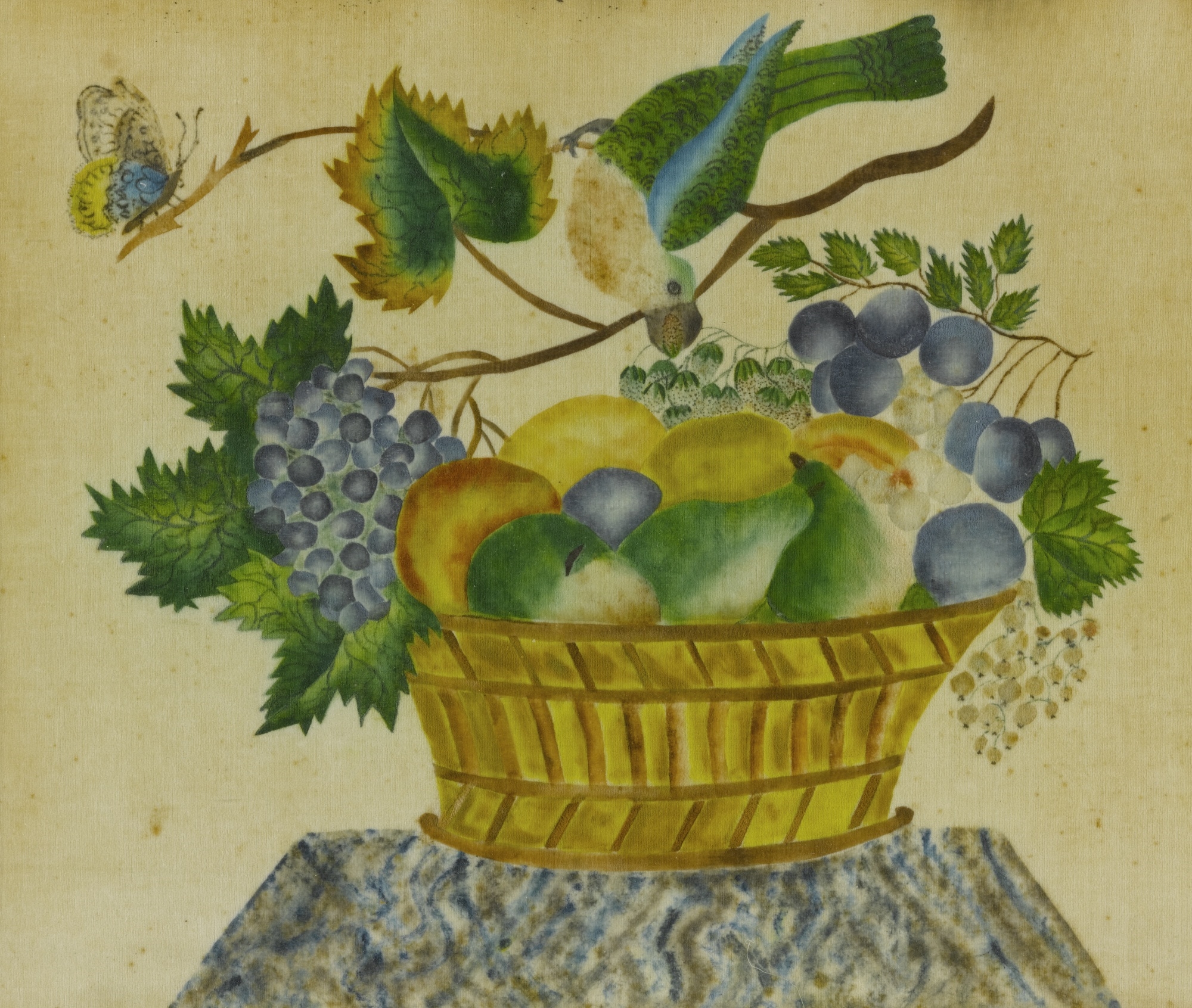 Artwork by American School, 19th Century, WATERCOLOR THEOREM WITH BIRD AND BUTTERFLY, Made of watercolor