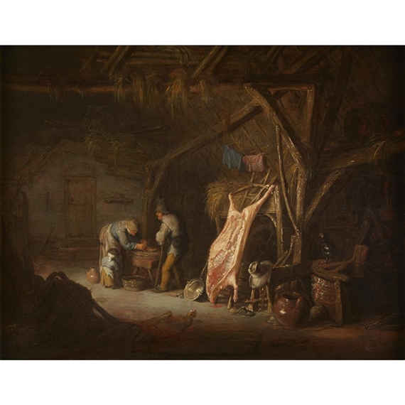 A PEASANT FAMILY PREPARING MEAT IN A BARN by Isack van Ostade, 1638
